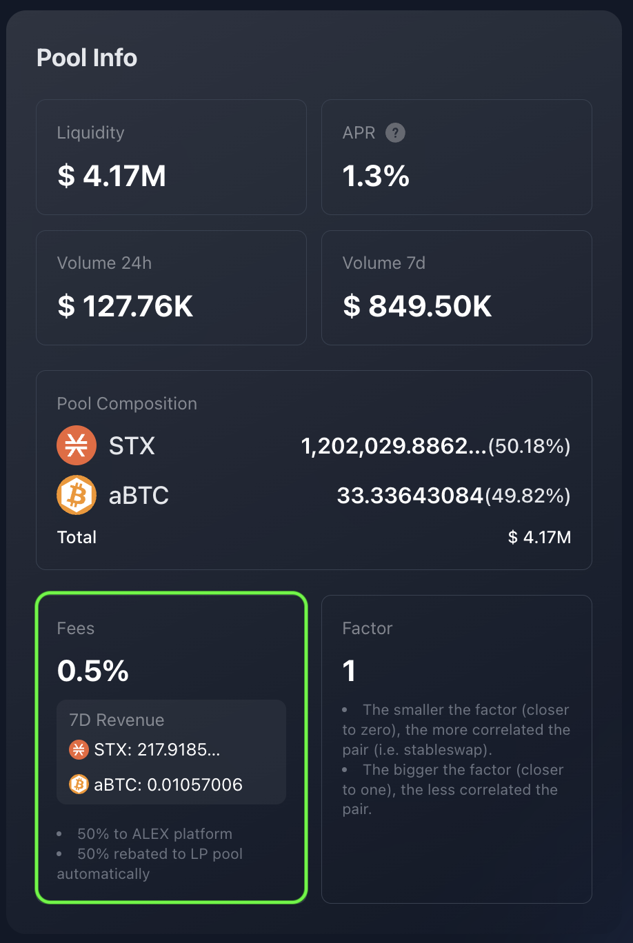 Pool Info panel, with highligthed "Fees" box